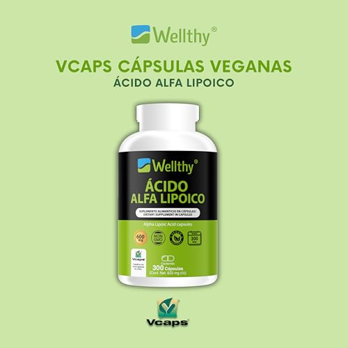Wellthy Ácido Alfa Lipoico 600mg en 300 Cápsulas. 10 Meses de Consumo, NON GMO, Vegan Friendly, VCaps Tecnología Cápsulas Veganas.