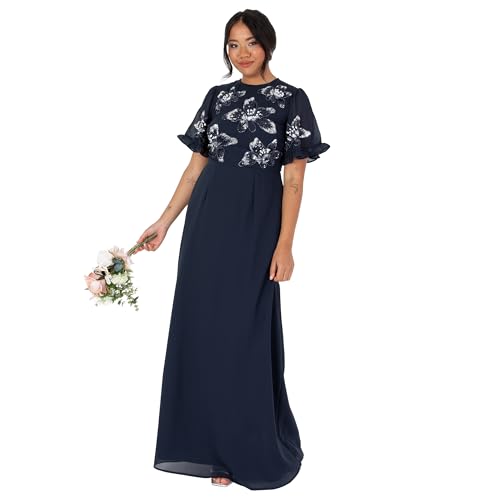 Maya Deluxe Women's Maxi Dress Ladies Short Angel Sleeve Round Neck Floral Sequin Embellished A-Line for Wedding Guest Ball Gown Dress for Women, Navy Blue, 26