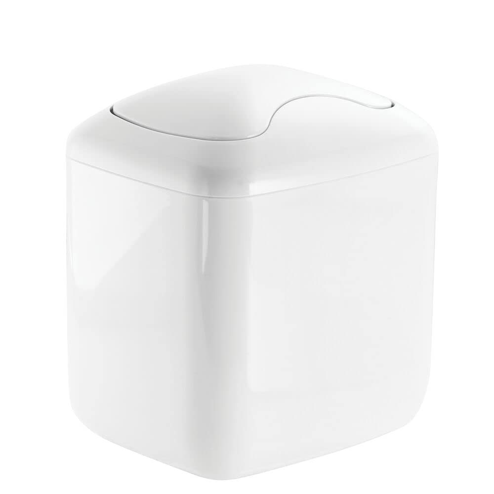 mDesign Small Bathroom Bin with Swinging Hinged Lid - Plastic Bin for Dressers & Countertops - Rubbish Bin for Bathroom Products - White
