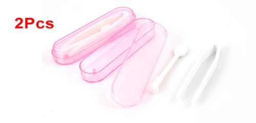 2 Pcs Rubber Tip White Pink Plastic Contact Lens Tweezers Pinchers w Stick