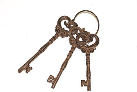 11" Antique Style Rustic Light Brown Cast Iron Small Cast Iron Decorative Heart Shape Skeleton Key Set Jail Cell Jailer Pirate 3 Keys