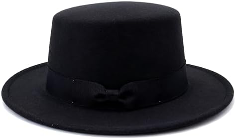 1PCS Black Classic Flat Top Blend Fedora Hat Brim Church Derby Cap