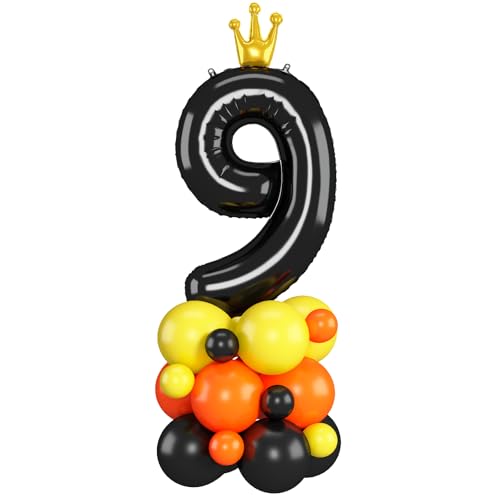 40 Inch Black Number 9 Balloon Construction Number Nine Foil Balloons Tower Set with Excavator Digger Truck for Boys 9th Birthday Party Decorations Giant Large Digital Aluminum Balloons Stack