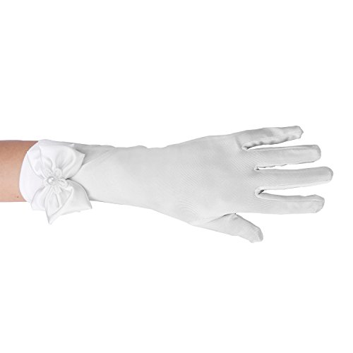 Long Satin Formal Gloves,Kids Size Full Finger with Pearl Bowknot for Girls Children Wedding Dress Evening Party Pageant,Elbow Length 10BL,White