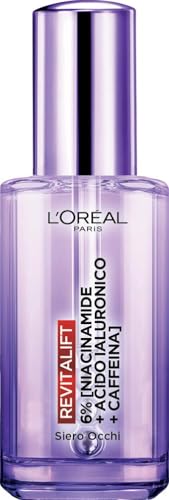 L'Oréal Paris Siero Contorno Occhi Anti-Rughe, Azione Rimpolpante e Idratante, Riduce le Occhiaie, Con Acido Ialuronico, Niacinamide e Caffeina, Applicatore Triplo Roller, Revitalift Filler, 20 ml