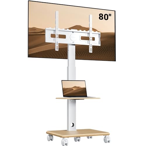 BONTEC TV Stand with 5 Castors and Wooden Base, Universal TV Stand for 32-80 Inch TVs, VESA 600 x 400 mm, 60 kg, Adjustable Height 1210-1500 mm, Tilt, Swivel, No Drilling Required