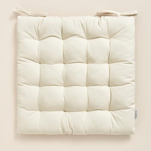 ROOM99 Carmen - Cuscino per sedia, 40 x 40 cm, con nastri, per esterni, in cotone, tessuto naturale, colore: crema