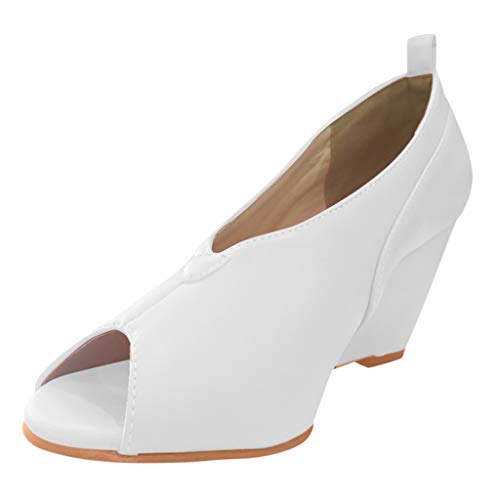 Shusuen Women's High Heel Peep Toe Wedges Sandals White