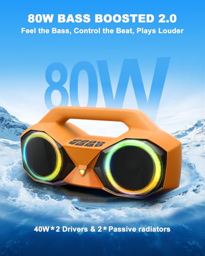 OZJ Bluetooth Speaker 80W(Peak) Loud with Bass, 20H Playtime, IPX7 Waterproof, RGB Lights, TWS, Large Portable Wireless Speakers for Outdoor, Home, Party, Pool, Beach, Tailgating, Gym, Work (Orange)