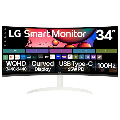 LG 34SR63QA-W 34 inch Smart Curved Monitor with Streaming TV, QHD 1440p, UltraWide Screen, USB Type-C 65W PD, 1800R, webOS, HDR10, 100Hz, Built-in Speaker, AirPlay2, Screen Share, Bluetooth, White
