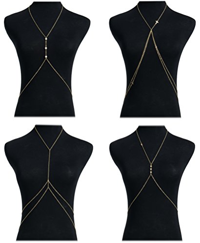 Masedy 4Pcs 18K Gold-Plated Sexy Crossover Body Belly Chains Necklace Bikini Beach Body Jewelry Gold