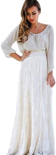 Sinineflower Women Lace Double Layer Pleated Long Maxi Skirt Elastic Waist Skirt (XL, White)