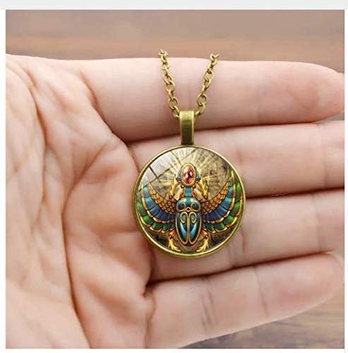 Vintage Egyptian Scarab Necklaces Pendant, Picture Glass Necklace,Women Jewelry Statement Necklace