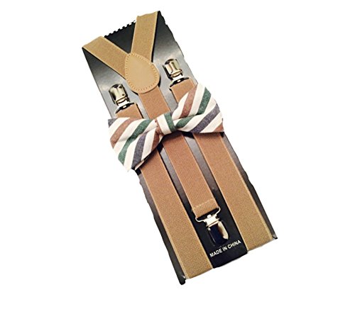 Plaid Bow ties, hanky and brown suspenders Combo Mens (Beige, Brown Plaid)