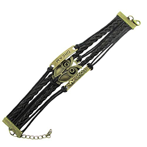 Antique Bangle Bracelet Set 3 Pcs,Haluoo Vintage Handmade Antique Brown Owl Charm Leather Woven Bracelet Inspirational Carving Dream Bracelet Engraved Love Bracelet for Couples Women Men (Multicolor)