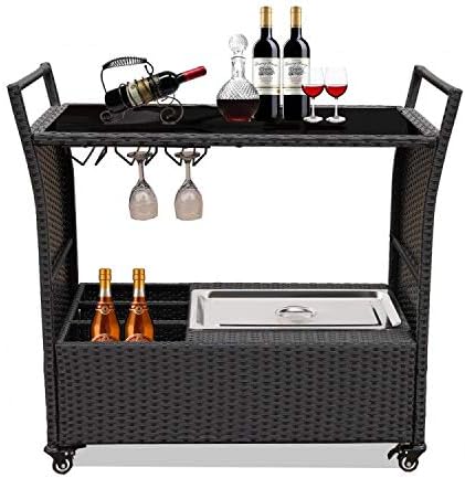 Patio Bar Carts for The Home Cart on Wheels with Wine Rack Patio Furniture Black PE Rattan Portable Bar Serving Cart with Stainless Ice Bucket Buttom Storage Glass Top (Black)