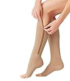 Runee Zipper Compression Sock Open Toe Knee Length Leg Calf Support (2XL, Beige)