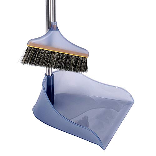 Upright Broom Dustpan Set, Lightweight Premium Comfortable Grip Duster Double Bristle Sweeper Broom Set Standing Up Lobby Broom and Dust Brush Combo for Sweeping Hard Floor Surfaces (Grey)