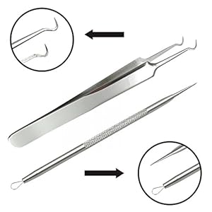Blackhead & Splinter Remover Tools - Stainless Steel Professional Easily Cure Pimples Whiteheads Comedones Acne Zit Ingrown Hairs and Facial Impurities Bend Head Tweezer Surgical Kit by FIXBODY