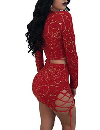 Halfword Womens Two Piece Lace Up Bodycon Crop Top Mini Skirt Sets Club Outfits Red S