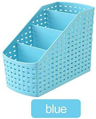 Multifunctional Plastic Desk Organizer Storage Box Case Pen Pencil Holder Imitation Rattan Narrow Type 4-Compartment Blue