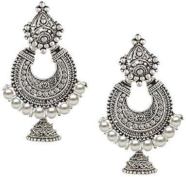 TAZS - TRENDY AMAZING ZEAL STORESilver Oxidized Tribal Wear Chand Bali for Women and Girls with White Beads