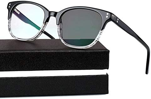 Trendy Bifocal Reading Glasses Readers for Men and Women - Photochromic Sunglasses, Acetate Square Frame/Clear Thin Flat Lens/Anti Glare/Magnification 1.0 to 3.00 Intensity,Black,+2.5