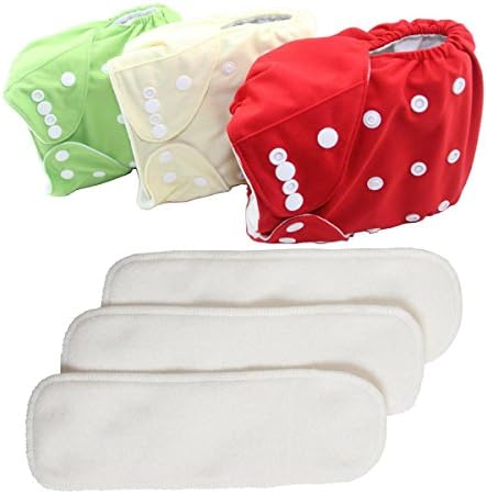 Cloth　Diapers,Reusable Washable All in One Size Pocket Diapers, Adjustable Snap, ３ pcs Pack Cloth Diaper with 1 Insert Each, ３ Pcs + ３ microfiber insert