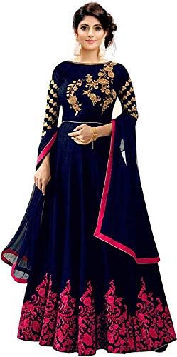 Suppar Sleave Women's Dupion Silk Semi-Stitched Embroidered Gown With Duptta(Navy Blue;Free Size)