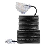 100 FT 12/3 Outdoor Extension Cord - Rubber, Flexible, Triple Outlet, Black Wire with Live Power Light Indicator. 15 Amp