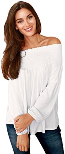 Laimeng, Fashion Women Off Shoulder Casual Loose Long Sleeve Blouse (S, White)