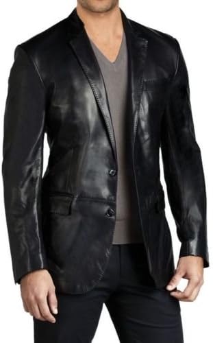 King Leathers Men's Genuine Lambskin Real Leather Blazer Two Button Black Coat