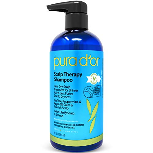 PURA D'OR Scalp Therapy Shampoo - Hydrates & Nourishes Scalp - Scalp Care Shampoo For Itchy Flaky Scalp w/Tea Tree, Peppermint, Patchouli, Cedarwood, Clary Sage, Argan Oil 16oz (Packaging may vary)