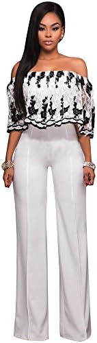 Women Sexy Off Shoulder Floral Lace Ruffle Sleeve Wide Leg Long Pants Jumpsuit Romper Clubwear Black White, X-Large