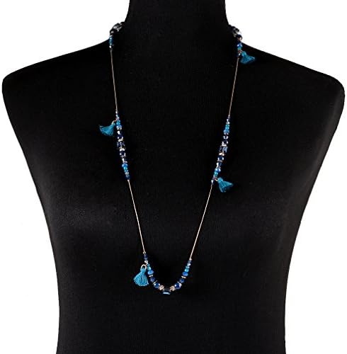 Lariatneck Tassel Necklace Blue Bead Station Fine Snake Chain Long Necklace for Women