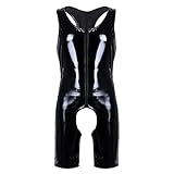 ACSUSS Men's Wetlook PVC Leather Zipper Crotch One Piece Bodysuit Jumpsuits Black Large
