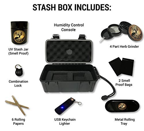 Boss Gear- All In One Stash Box Includes- 4 Part Grinder, USB Keychain Lighter, 6pk Papers, Metal Tray,Smell Proof bags, Combination Lock, Smell Proof Container!
