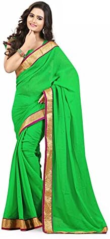Odhni Women's Indian Bollywood Zari Border Green Chiffon Saree