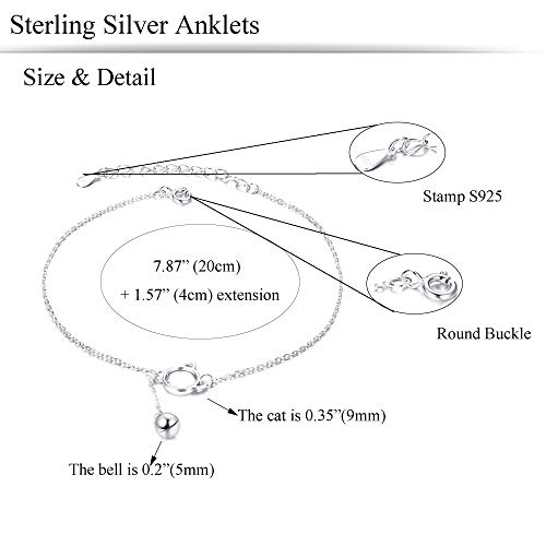 Sllaiss 925 Sterling Silver Cute Cat Bell Anklets for Women Dainty Beach Ankle Chain Boho Foot Jewelry for Mother's Day Girlfriend