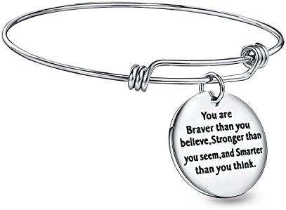 Inspirational Bracelet Message Charm Expandable Stainless Steel Bangle - You are Braver than you Believe