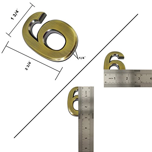 2-3/4" x 1/4" Self-Stick Solid Brass Mailbox Numbers, Two Pieces of Number 6 by Magicdo