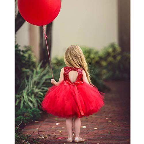 Toddler Girl Baby Lace Flower Sequin Tutu Dress Tulle Pageant Wedding Party Formal Girls Dresses red02 12-18M - Thumbnail 3