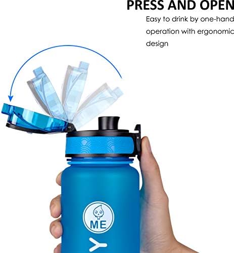 Blue water bottle with a sports cap and wrist strap, suitable for outdoor activities.