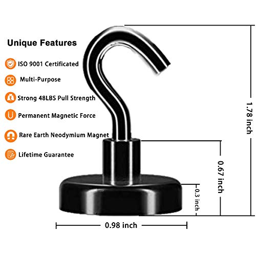 JANSANE Magnetic Hooks 48LB Heavy Duty for Cruise Cabins Refrigerator Locker Classroom Dia. 25mm Strong Neodymium Magnet Hooks Hangers for Hanging BBQ Grill Tools Keys Black 8 Pack