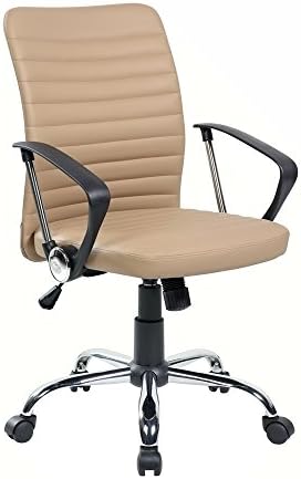 Eurostile Mid-Back Ribbed Leather Desk Chair Swivel Conference Chair Adjustable Computer Chair with Armrests (Beige)