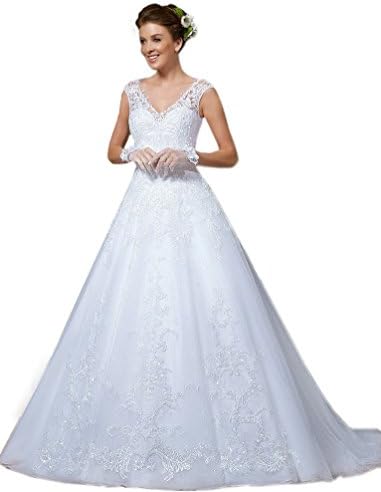 LadyFirst Women's A-Line V-Neck Princess Lace Appliques Bodice Spring Wedding Dress Lvory 10