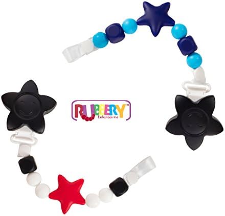 SALE 2 Black and Red Teether Toy Pacifier Clip Baby Girl or Boy Star Beaded Silicone Teething Toy and Pacifier Clip Light Blue Navy Black