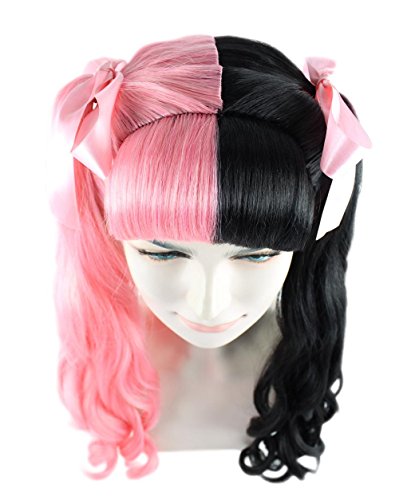 Two Tone Long Curly Ponytail Wigs with Bangs Ribbon Bows for Cosplay Halloween Party Pink and Black - Image 6