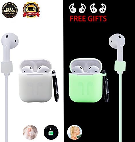 Airpods Case Airpod Accessories Protective Silicone Case for Apple Airpods Charging Case with Anti-Lost Strap, Earphone Hook and Carabiner,[Night-Glow Green] Water-Proof Shock-Proof Case