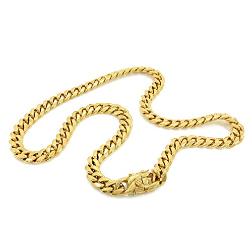 Solid 14k Yellow Gold Finish Stainless Steel 10mm Thick Miami Cuban Link Chain Box Clasp Lock (Chain 30'' & Bracelet 9'') - Thumbnail 3